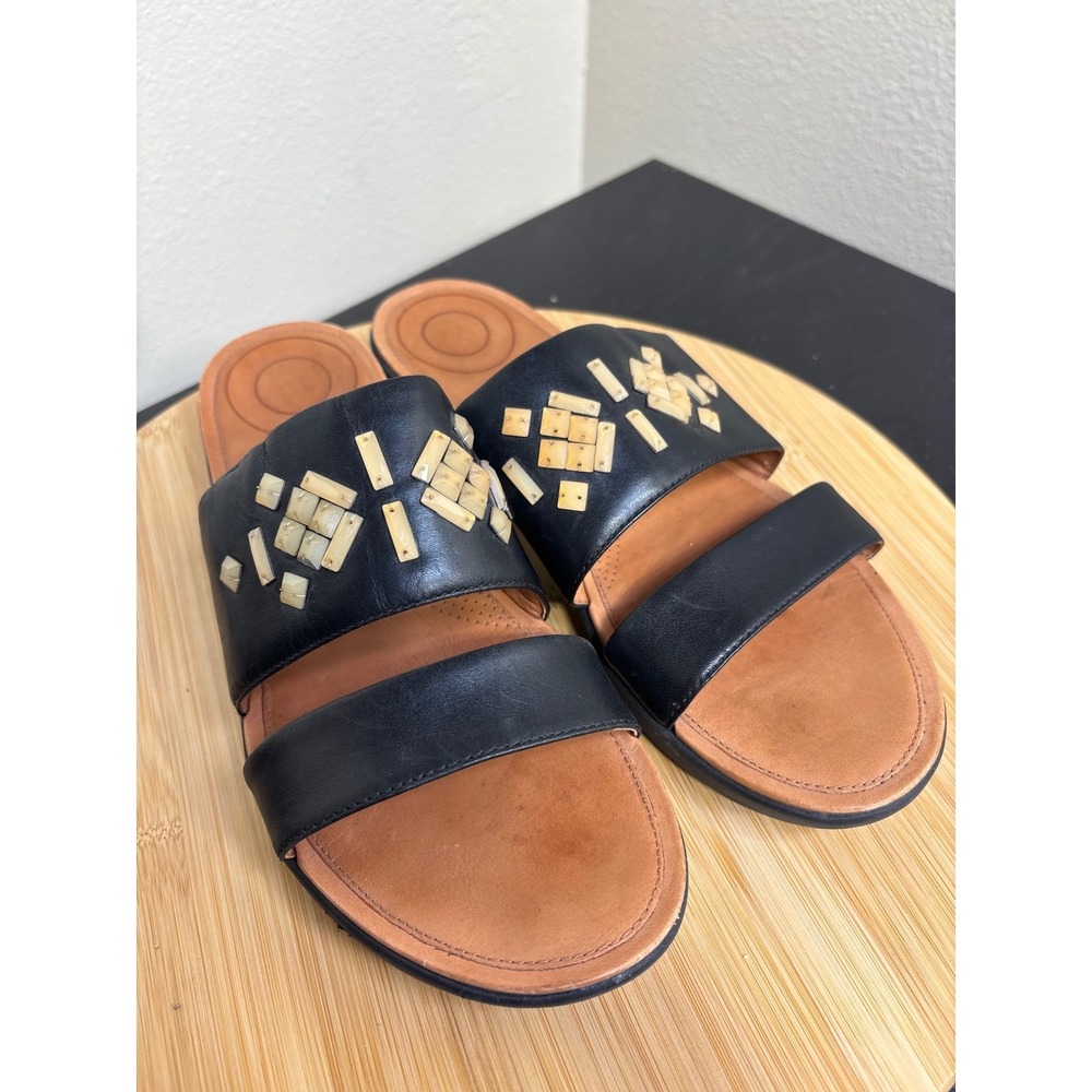 Fitflop Delta Black Leather Embellished Slide Sandals Comfort Casual‎ Shoes - Picture 2 of 12